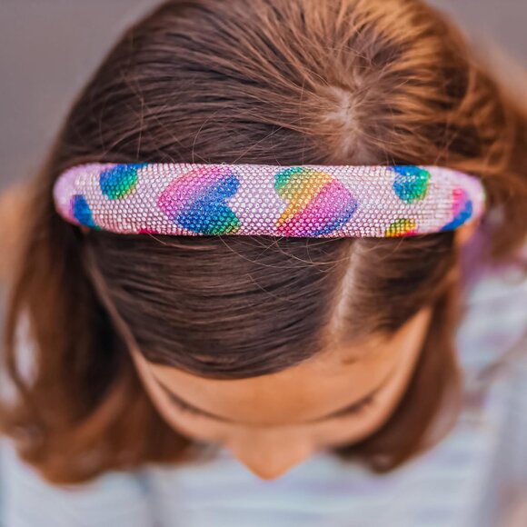 Girls Padded Rhinestone Headband Rainbow Heart No-Slip Velvet Hair Accessory - Picture 7 of 9